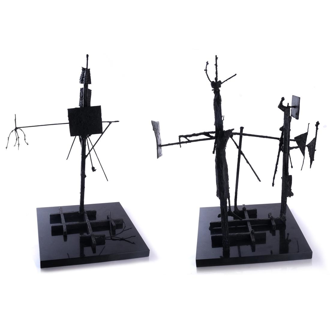 Roberto Mata "Crucifixion", 1958: Two-section bronze sculpture titled "Crucifixion." Signed. "Edelman Arts" label underneath base. [Each section: 25 1/2 x 15 x 15 inches]. One part of stem detached but present.