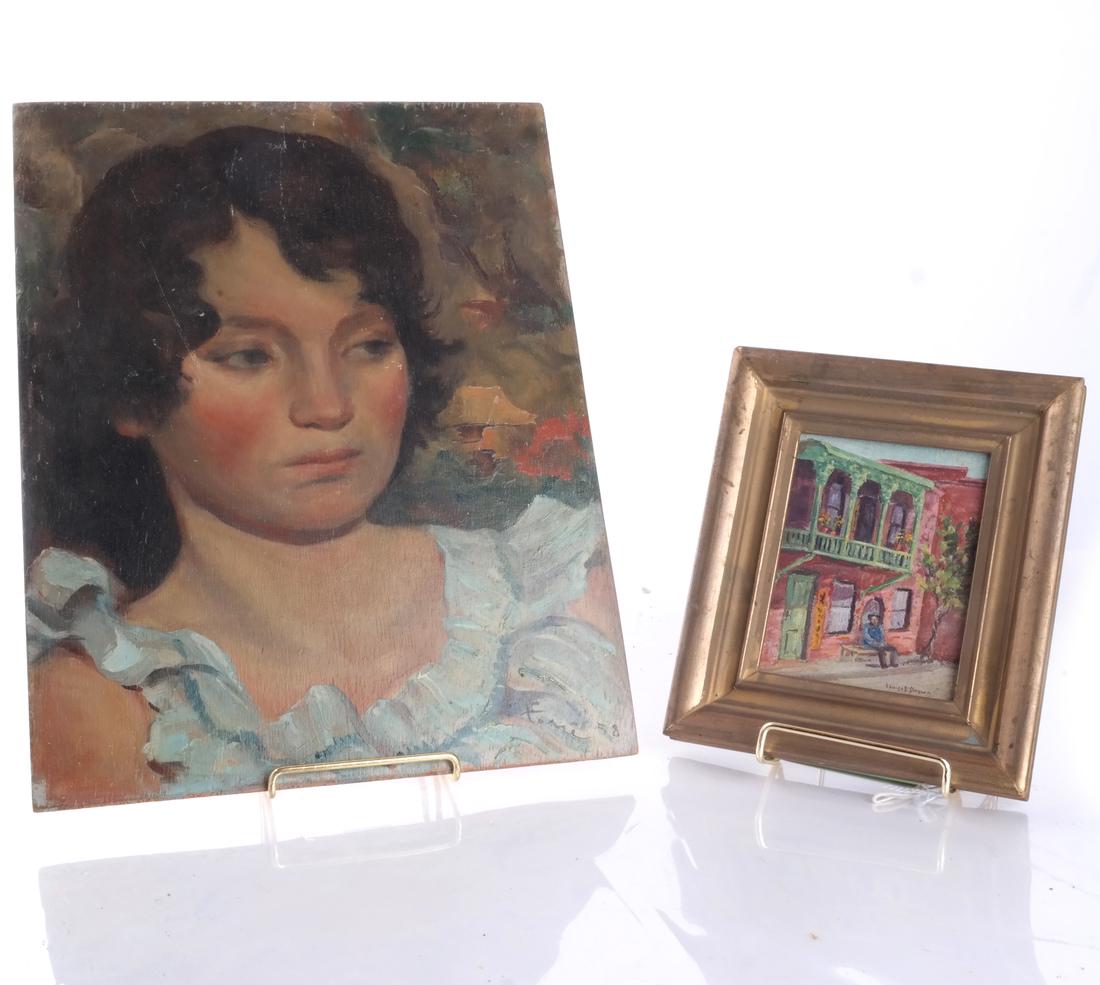 Paintings by Brown and Ferre, Lot of Two.: Louisa D. Brown "Tang Headquarters in old Chinatown," Acrylic on board, not dated, signed, lower right. Edna Ferre, Portrait, oil on board. Signed and dated 1958, lower right. (13 3/4 X 10 3/4) The la