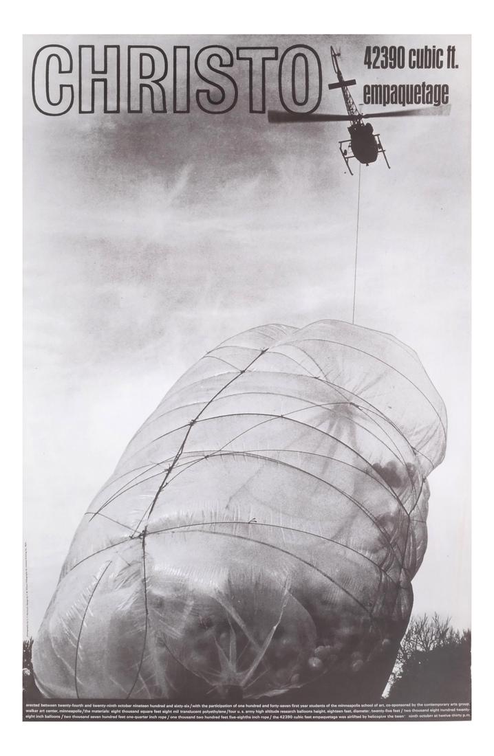 Jean-Claude Christo: "42390 Cubic Foot Em...": Jean-Claude Christo, "42390 Cubic Foot Empaquetage," 1966 poster, signed in pencil lower left "Christo 1968." [36 x 23 1/4 inches]. Very minor crushing to sides, toward lower end. 7 inch long yellow l