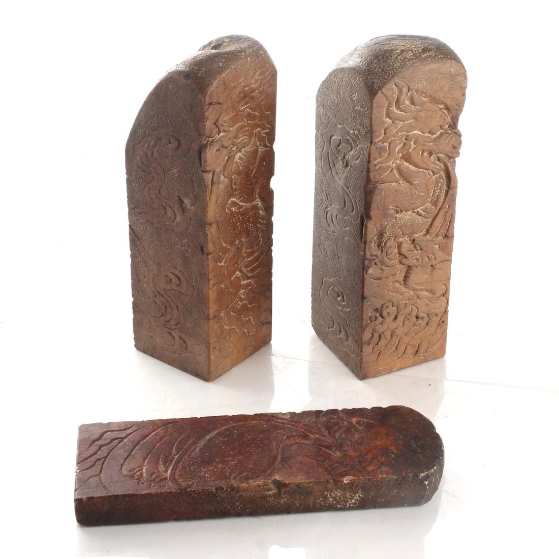3 Chinese Soapstone Seals: Chinese late Qing Dynasty, three soapstone carved seals. [7 x 2 1/4 x 2 1/4 inches]. Wear and abrasions.