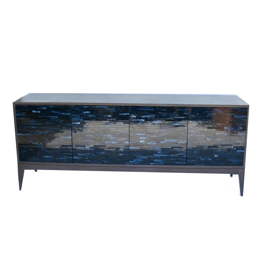Ercol Metal Mosaic-Style Sideboard: Contemporary two-door glass tile mosaic front sideboard. [30 x 72 x 18 inches]. In good condition.