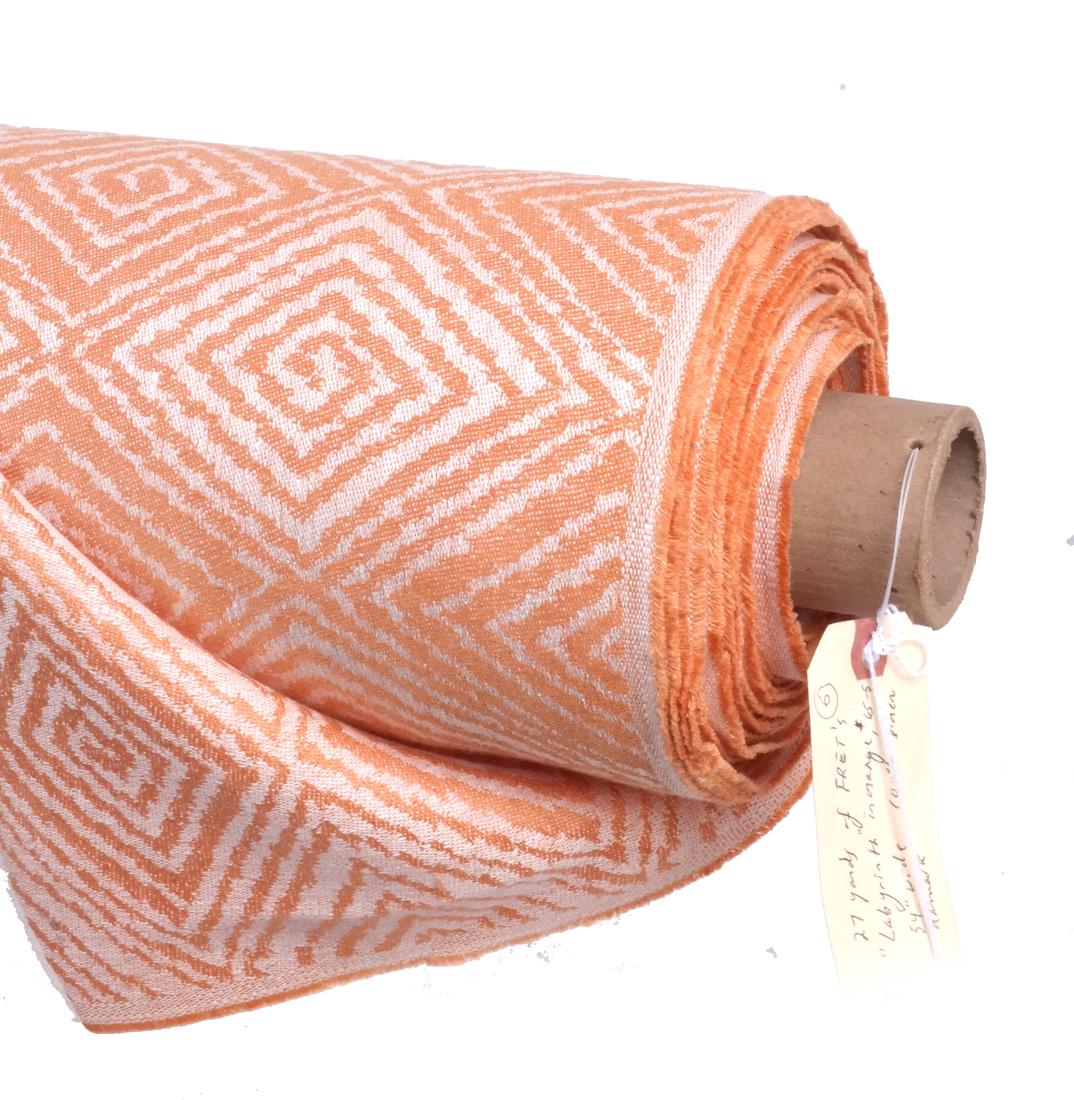 Fret's "Labyrinth" Linen Damask Fabric: 27 yards of FRET's "Labyrinth" in orange, #65-5. The two-tone 100% linen damask is 54" wide and appropriate for most residential and other uses. Fabric is in excellent condition.