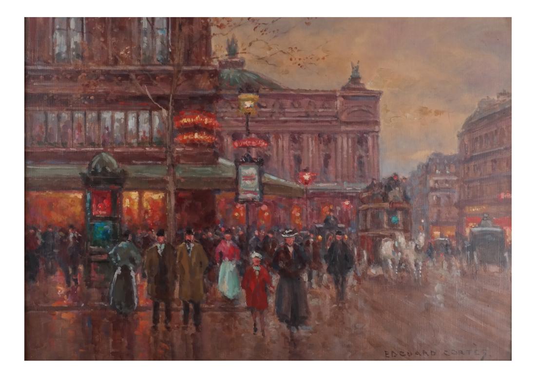After Edouard Cortes: Street Scene: After Edouard Cortes. Street scene. Oil on canvas. [Art: 13 x 18 inches; Frame: 17 1/2 x 23 inches].
