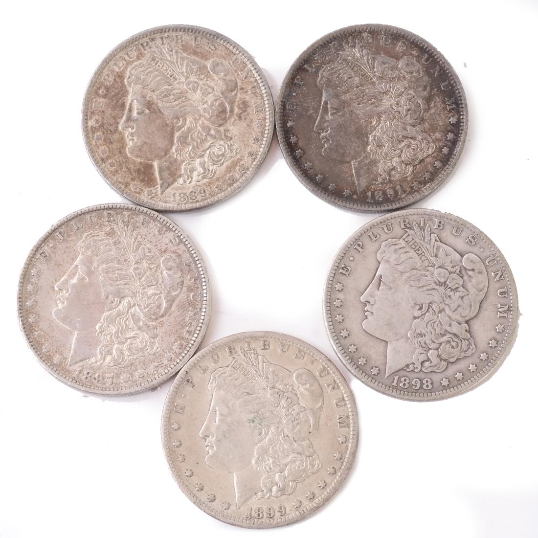 Five Morgan Dollars, 1889, '91,'97-'99 (1 of 2)