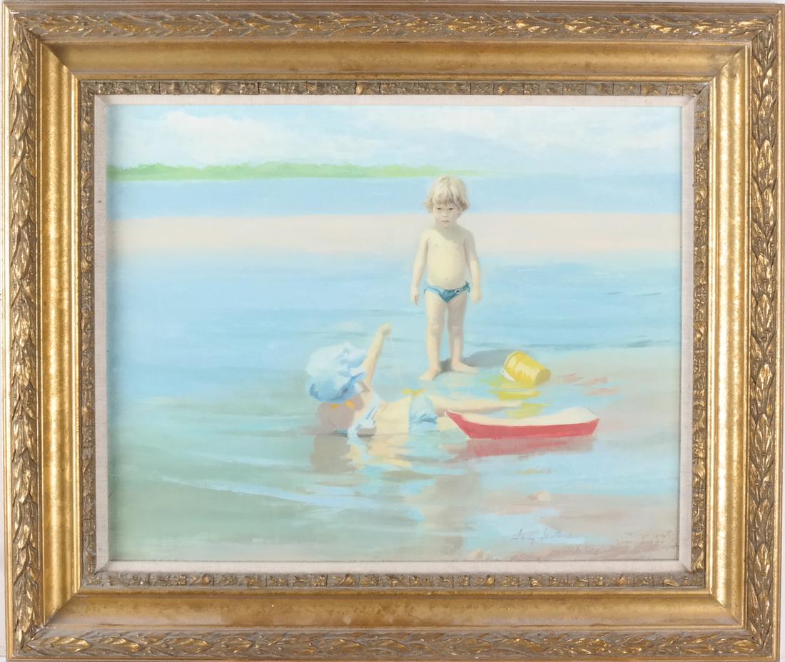 Sally Swatland: Children at Beach, Oil on Masonite: Oil on masonite of children at the beach by Greenwich, CT artist Sally Swatland. Signed, lower right. [Art: 15 x 19 inches; Frame: 21 x 25 inches]. In good condition.