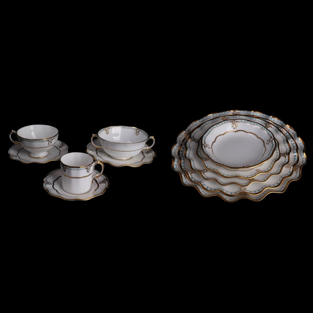 Royal Crown Derby Dinner Service: Extensive Royal Crown Derby bone china dinner service. "Lombardy" pattern. Includes: 12 dinner plates, 11 luncheon plates, 12 dessert plates, 12 rimmed soup bowls, 2 platters, 7 side plates, 24 broth 