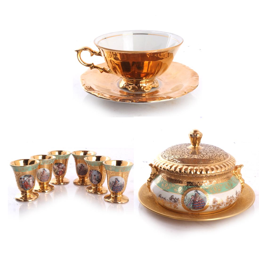 Bavarian Porcelain and Glass Items: All with gold grounds and decoration. 11 items. [Covered vase: 13 inches H].