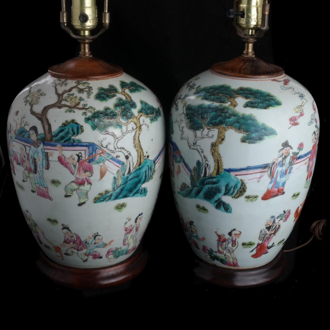 Pair Antique Chinese Porcelain Lamps: Pair of scenic ginger jars converted to lamps. [17 inches to socket].