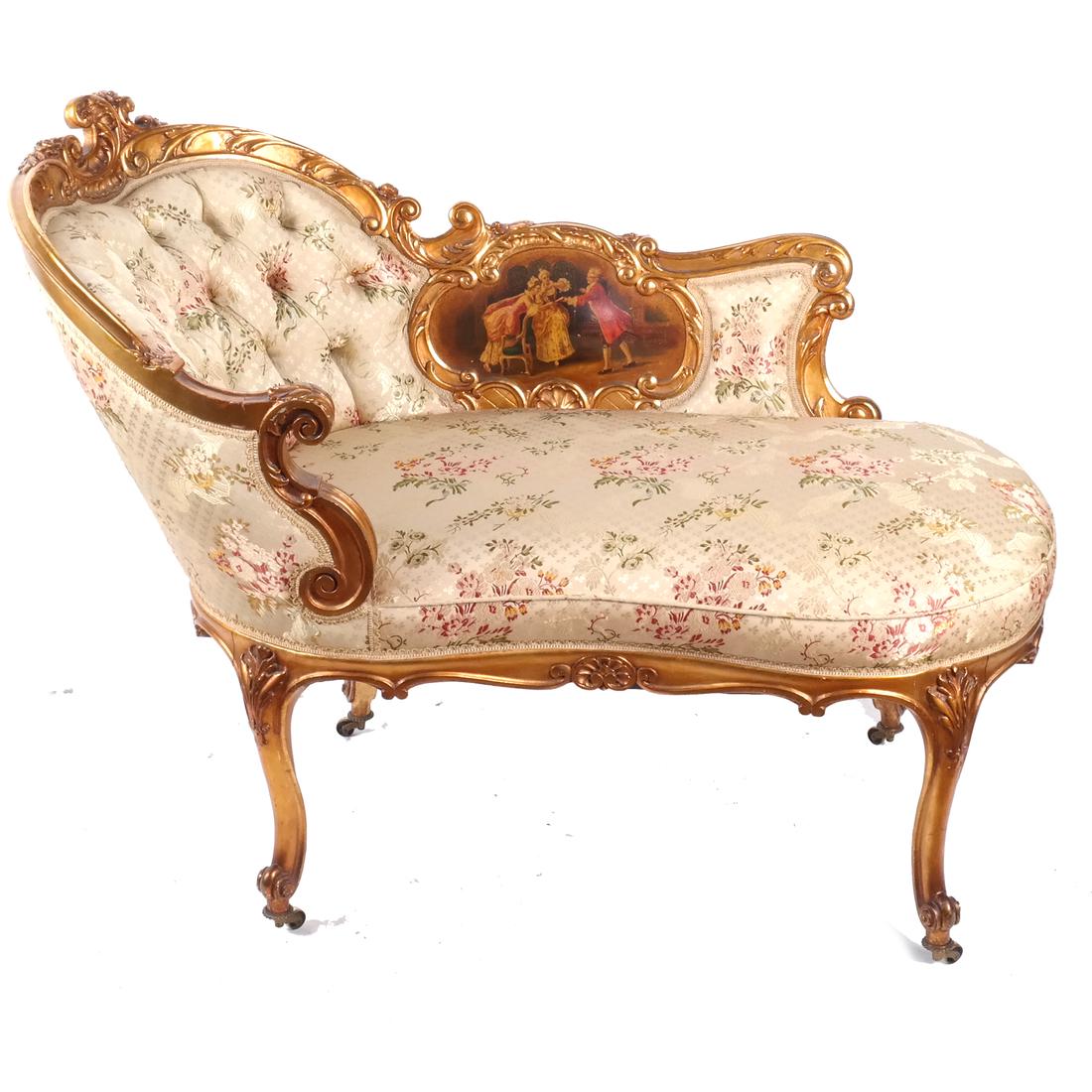 Recamier Meridienne, Louis XV-Style: Petite recamier meridienne, vernis Martin decorated, Louis XV-style, floral upholstery, on casters. [33 1/2 x 45 x 24 inches; 17 inches to seat].