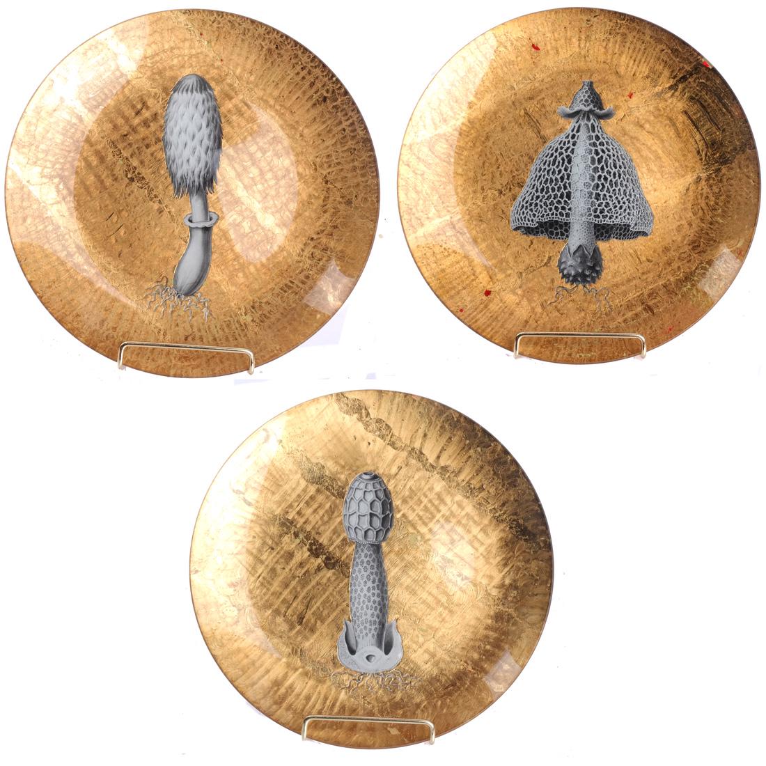 Three Fornasetti-Style Plates: Three Fornasetti-style plates, all signed "William Lipton - Robert / H / Deux Amis - 1991". [10 (dia) inches].