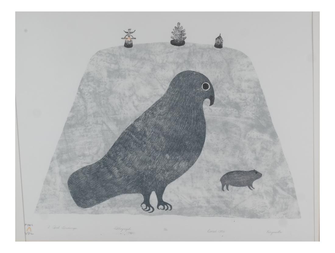 Dorset Inuit "Quiet Landscape" Litho: Framed lithograph by Kingmeata Etidlooie signed "Dorset 1986 - Kingmeata" with blind stamp. [Art: 19 x 24 inches; Frame: 25 1/2 x 32 inches].