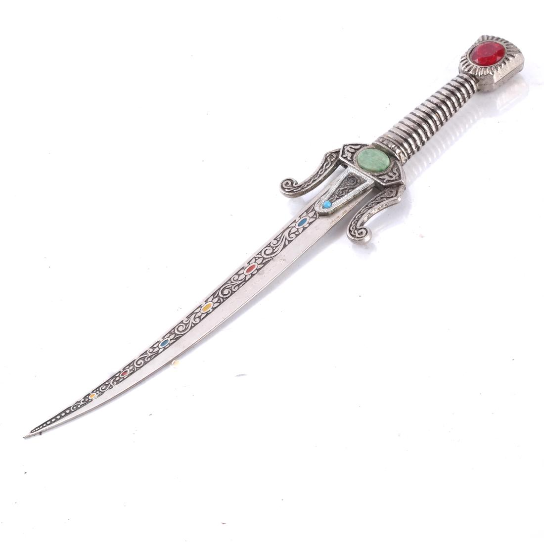Letter Opener Inset w/ Stones, Jade: Decorative letter opener inset with glass stones, jade and enamel. [9 1/2 inches long].