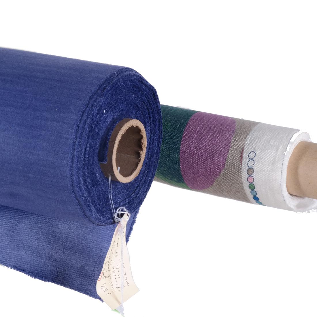 Fret and Jane Churchill Fabrics: 1) 13 1/2 yards of Fret Fabrics Italian brushed polyester with horizontal stripe effect, "Flanelle", #6-7 in Blue Viola, with a 54" width, is best suited for upholstery. 2) Two-yard panel of Jane Chur