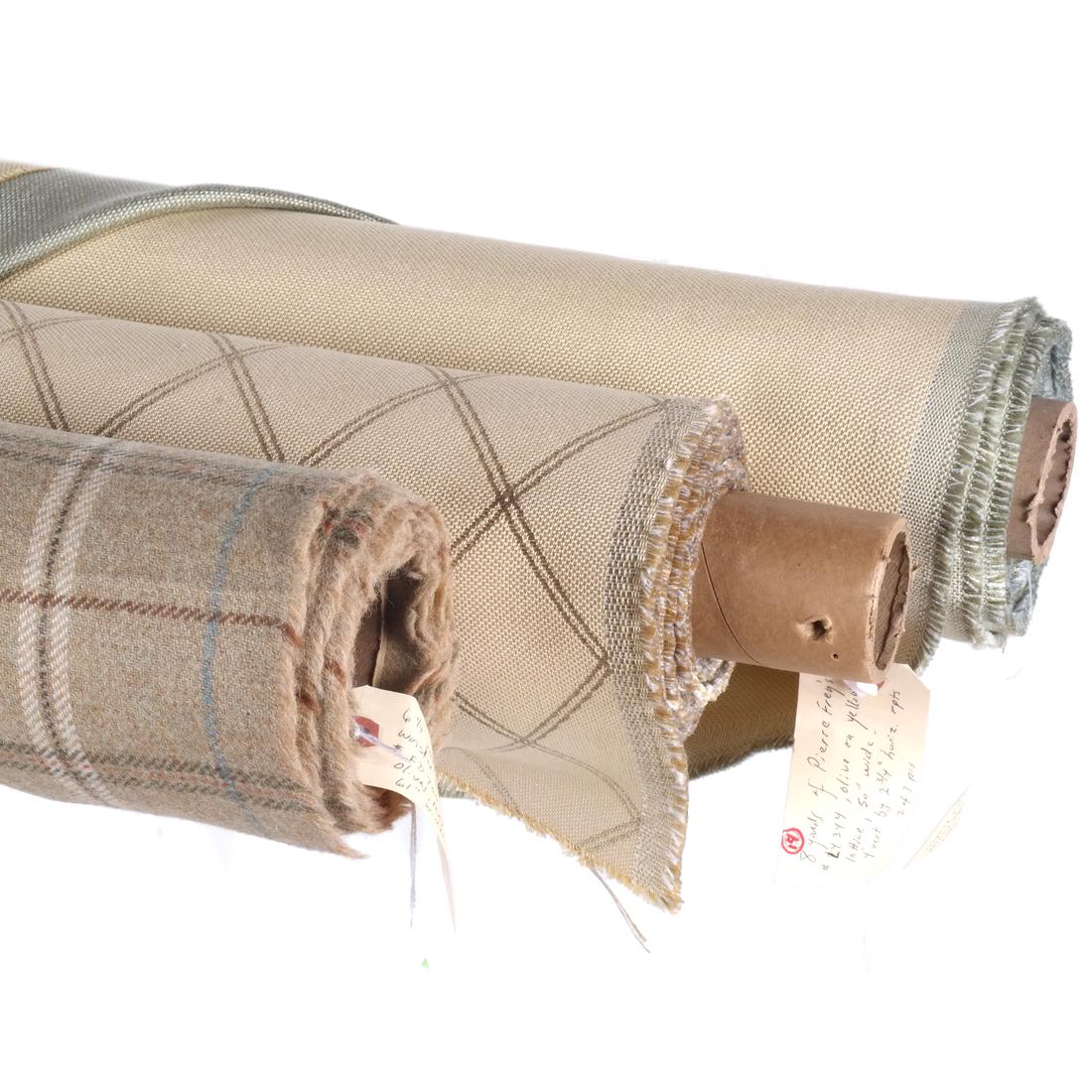 Home Fabrics by Lee Jofa & Pierre Frey: Comprises: 1) 6 1/2 yards of Lee Jofa's heathered worsted wool plaid, #FD700.S108 in celadon, tans, coffee, blue, jade and ecru. Approx. 4 1/2" by 4 1/2" repeat across a 61" width. Beautiful hand! 2)