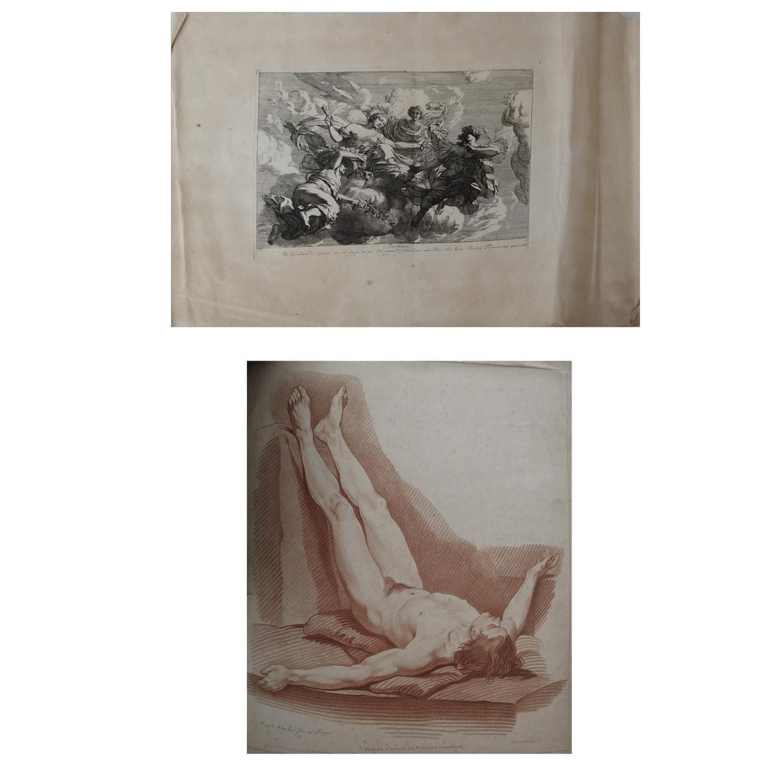 2 Engravings: One by Gerard de Lairesse: Gerard de Lairesse (1640-1711) "Aestus" ("Summer"), 1675, and (after) Carle Van Loo: Nude Male. [15 1/4 x 20 inches; 21 x 17 inches, respectively]. Foxing, creases, tears to margin.