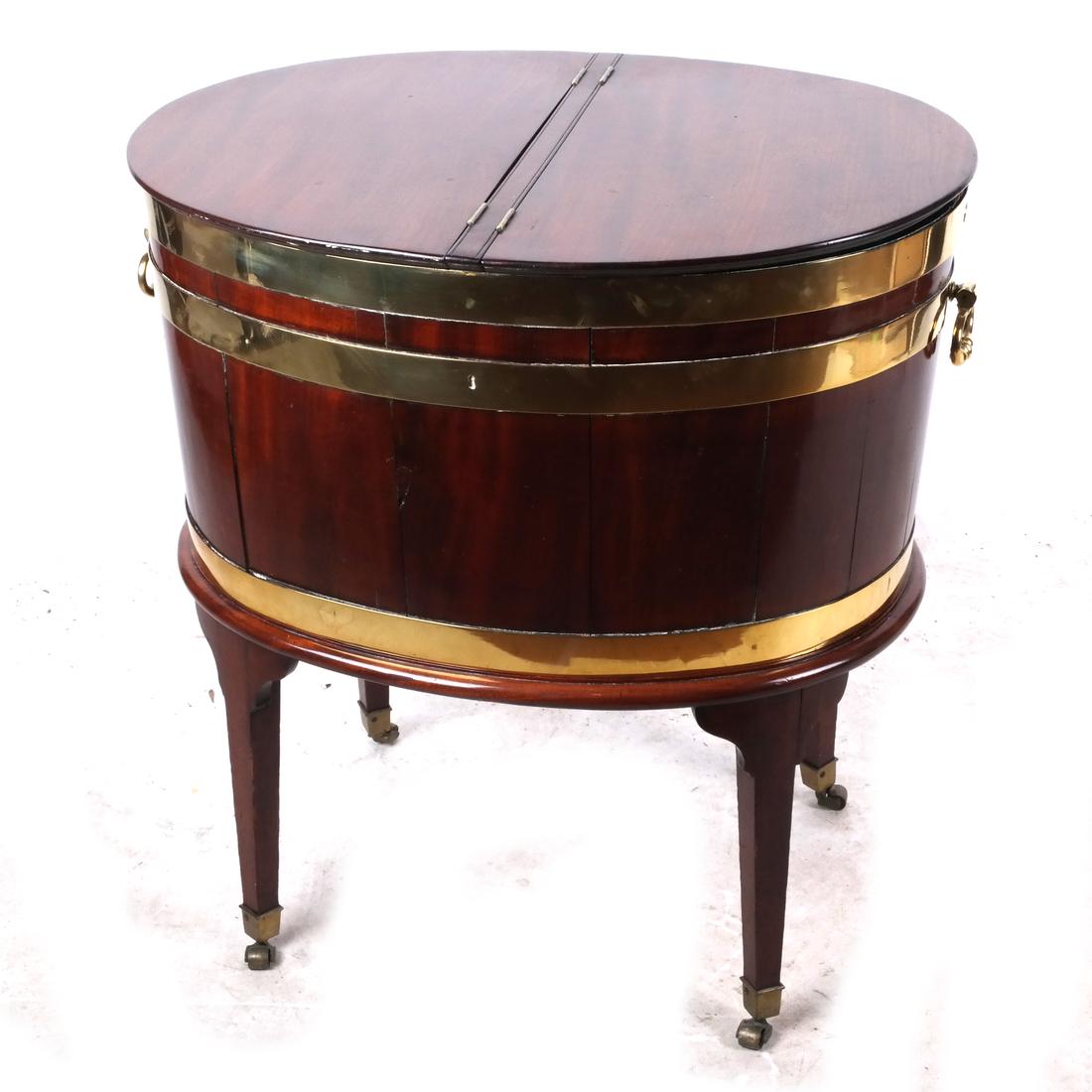 Antique George III Cellarette Wine Cooler: Two-section double-hinged top wine cooler on casters. [28 1/2 x 27 x 21 inches; Base only: 14 1/2 inches high].