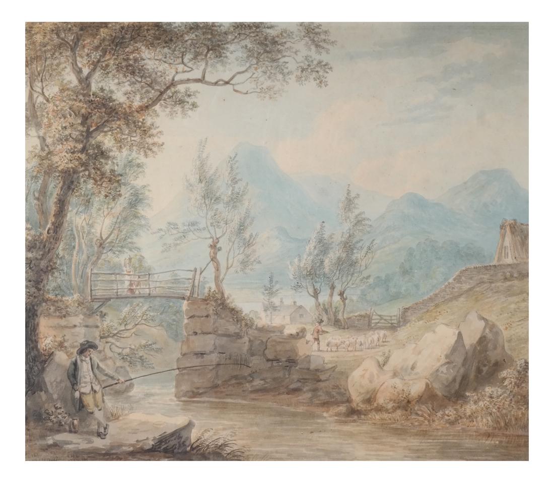 Paul Sandby English School Watercolor: Paul Sandby (1731-1809) English School watercolor. Fishermen by a brook. Signed, lower left. Matted in bolection gilt wood frame. [Art: 11 1/2 x 13 1/2 inches; Frame: 19 3/4 x 20 3/4 inches].