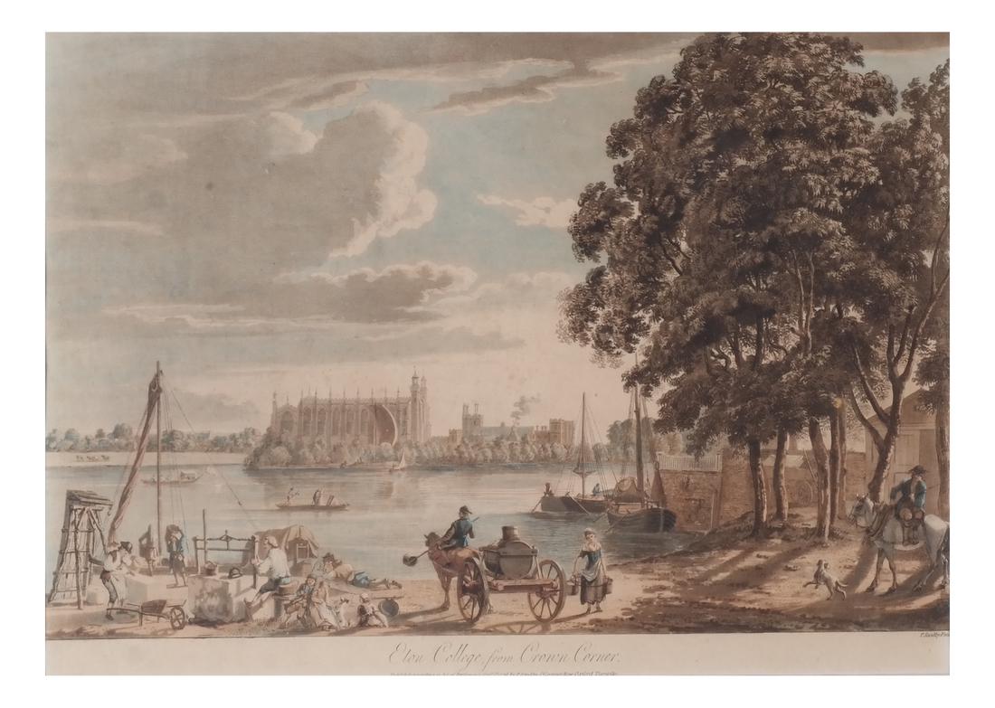 Paul Sandby English School Watercolor: Paul Sandby (1731-1809) English school watercolor. Titled "Eton College From Crown Corner." In a bolection gilt wood frame. [Art: 12 5/8 x 17 1/2 inches; Frame: 20 3/4 x 26 inches].