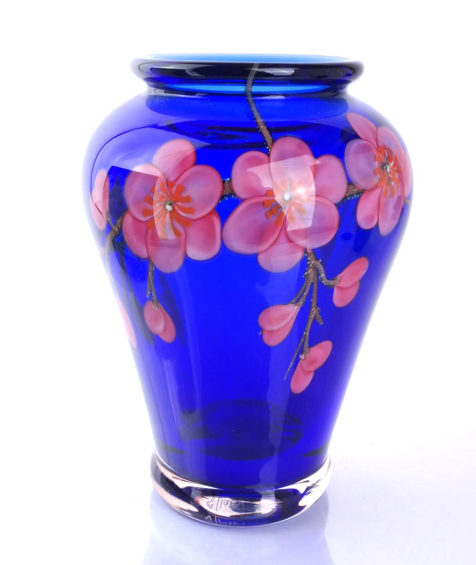 Orient & Flume Art Glass Vase: Contemporary cobalt blue glass, floral decorated, signed. [8 3/4 x 4 (dia) inches]. In good condition.