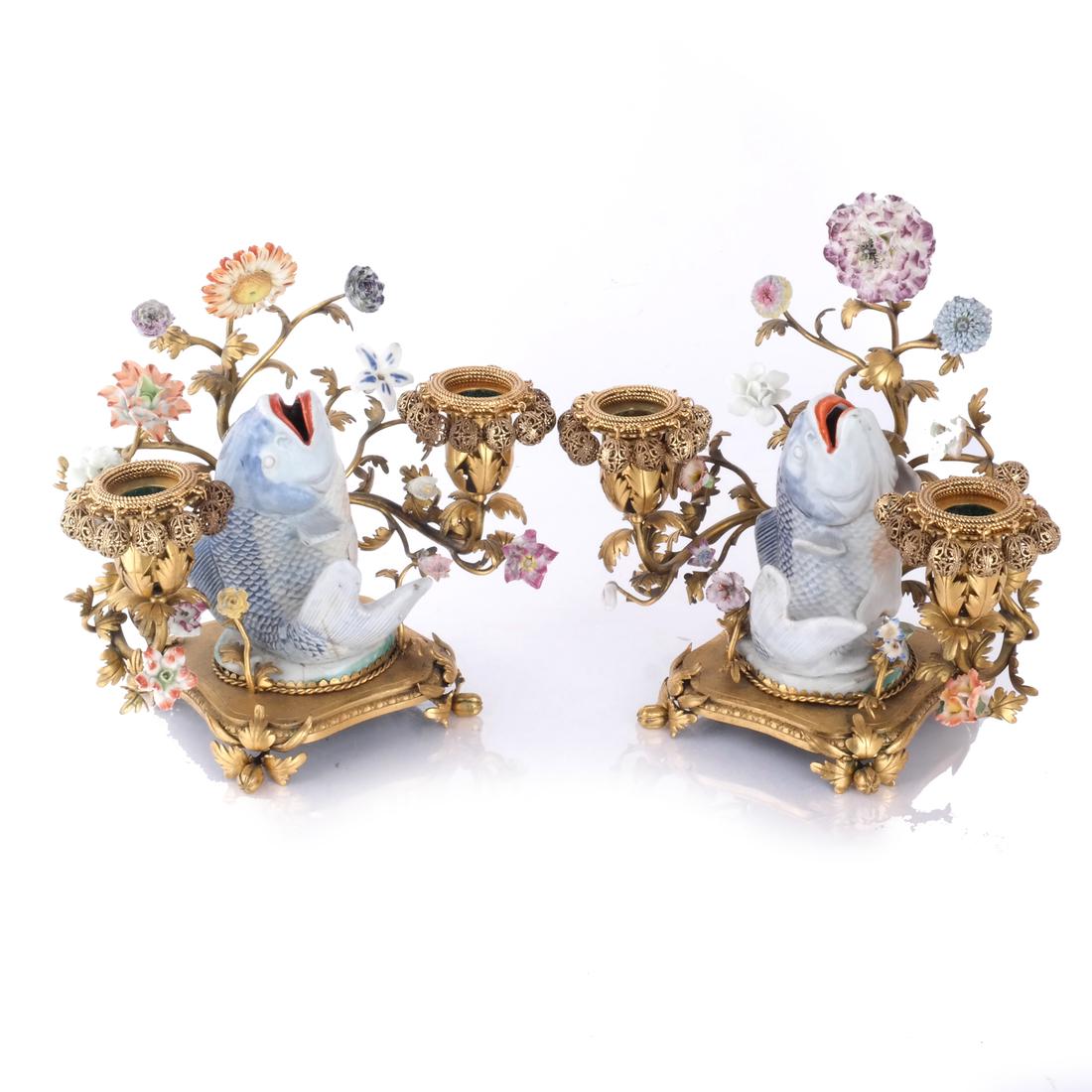 Pair of Chinese Bronze & Porcelain Candlesticks (1 of 6)