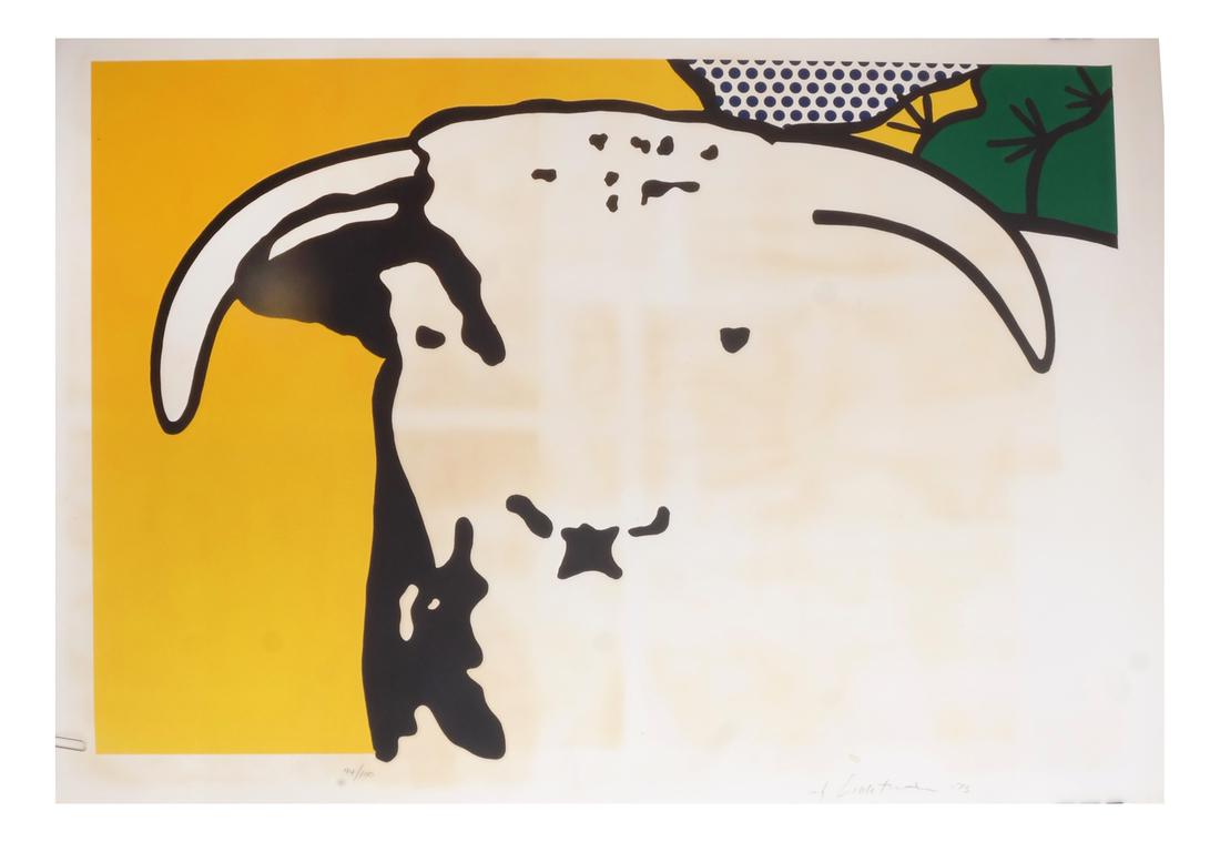 Roy Lichtenstein: "Bull Head" - Litho: Roy Lichtenstein "Bull Head" lithograph, Ed. 94/100, pencil signed lower right, unframed. Blind stamp. [24 x 32 inches]. Fair condition; creases; burnishing; slight tears at edges.