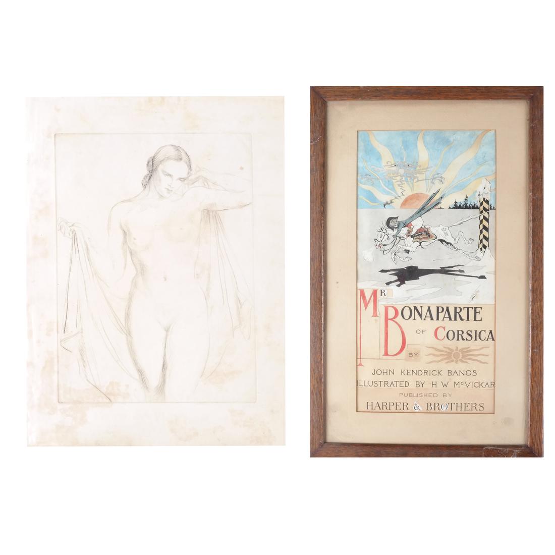 Nude Drawing; Napoleon Poster: An unframed drawing of a nude woman and a mixed media poster "Mr. Bonaparte of Corsica", published by Harper & Brothers, signed in upper right. [Nude: 10 1/2 x 7 1/2 inches; Poster: 21 3/4 x 13 1/2 in