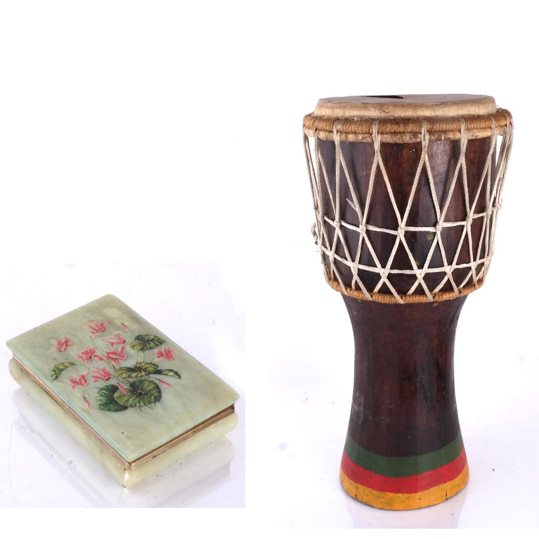 "As-Is" Djembe Drum and An Alabaster Box: Ethnic-style djembe drum and an alabaster jewelry box. [Drum: 22 x 11 inches; Box: 1 3/4 x 6 x 4 inches]. Drum skin broken.