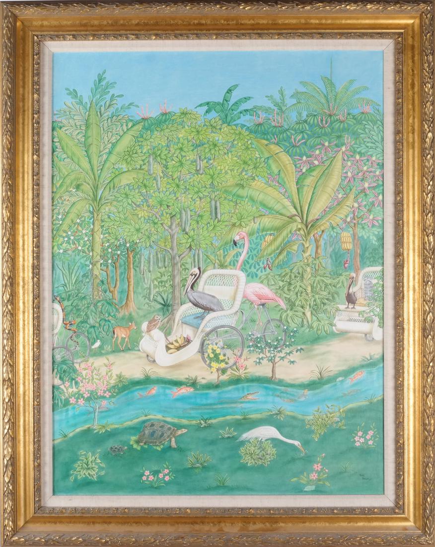 Jane Taylor: Island Flamingos, Oil on Canvas: Oil on canvas depicting and island with flamingos. Signed lower right. [Art: 32 x 24 inches; Frame: 39 1/2 x 32 inches].