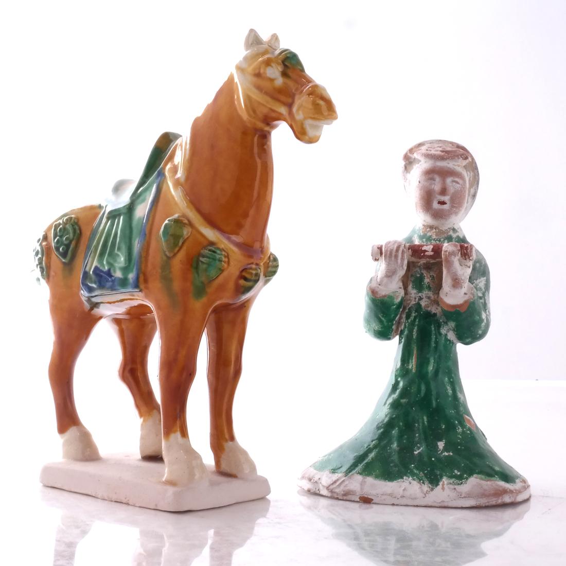 Chinese Terracotta Tang-Style Articles: Chinese terracotta Tang-style articles - horse and musician. [Horse: 6 1/2 x 6 1/2 x 2 inches].