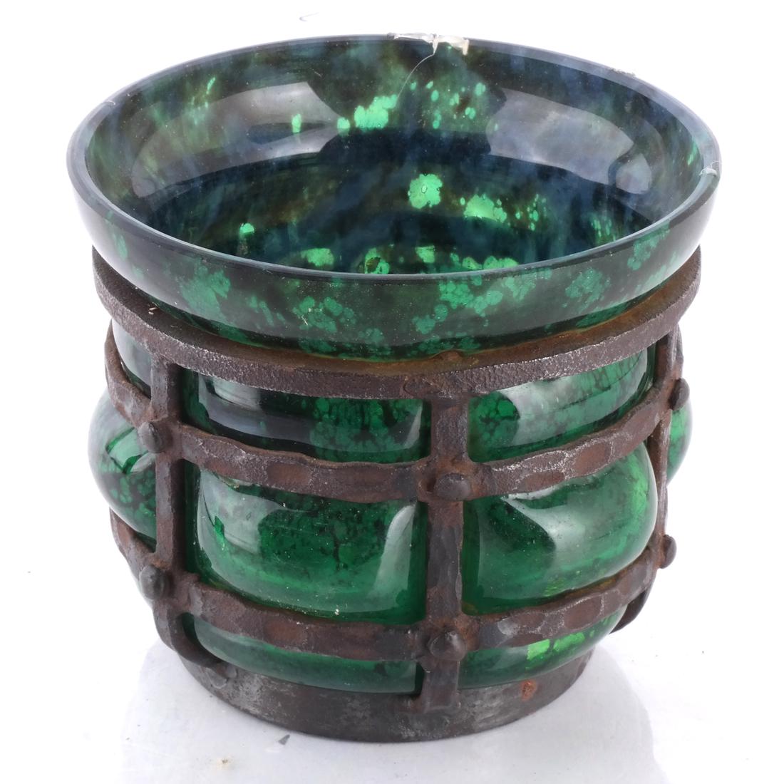 Daum Nancy: L Marjorelle Glass Vase: Green art glass and iron cased vase/vessel. Inscribed. [5 x 5 1/2 (dia) inches]. In good condition.