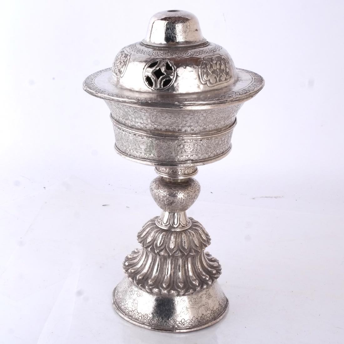 Chinese Silver Metal Censer: Chinese silver metal censer with cover. [14 x 7 1/2 (dia) inches; 11 inches to rim]. Missing finial.