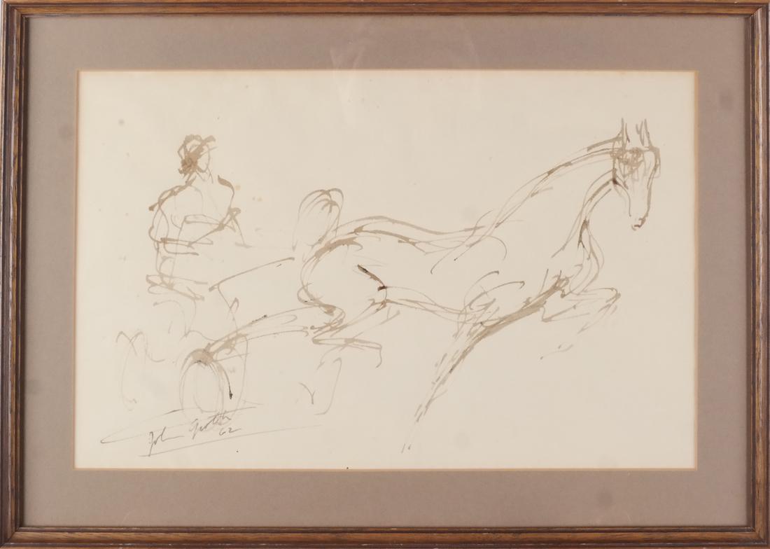 John Groth: Trotter, Pen and Ink: Framed pen and ink depicting a trotter horse with jockey. [Art: 9 1/2 x 15 1/2 inches; Frame: 13 1/2 x 19 1/2 inches]. Foxing, age-toning.