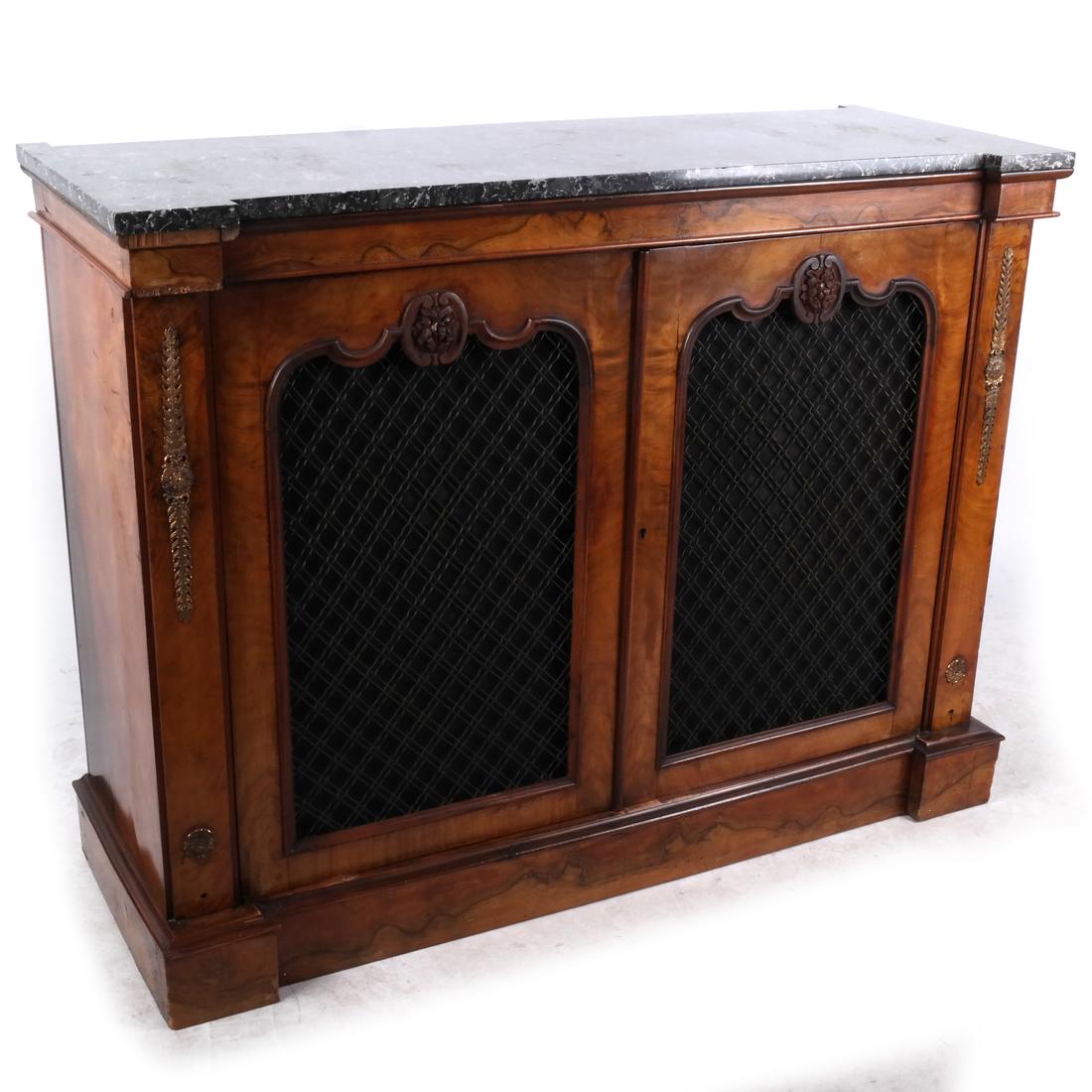 Georgian-Style Grille Door Credenza: Georgian-style grille door credenza, with a grey marble top. [37 1/4 x 48 x 18 1/2 inches]. Some splits in veneer.