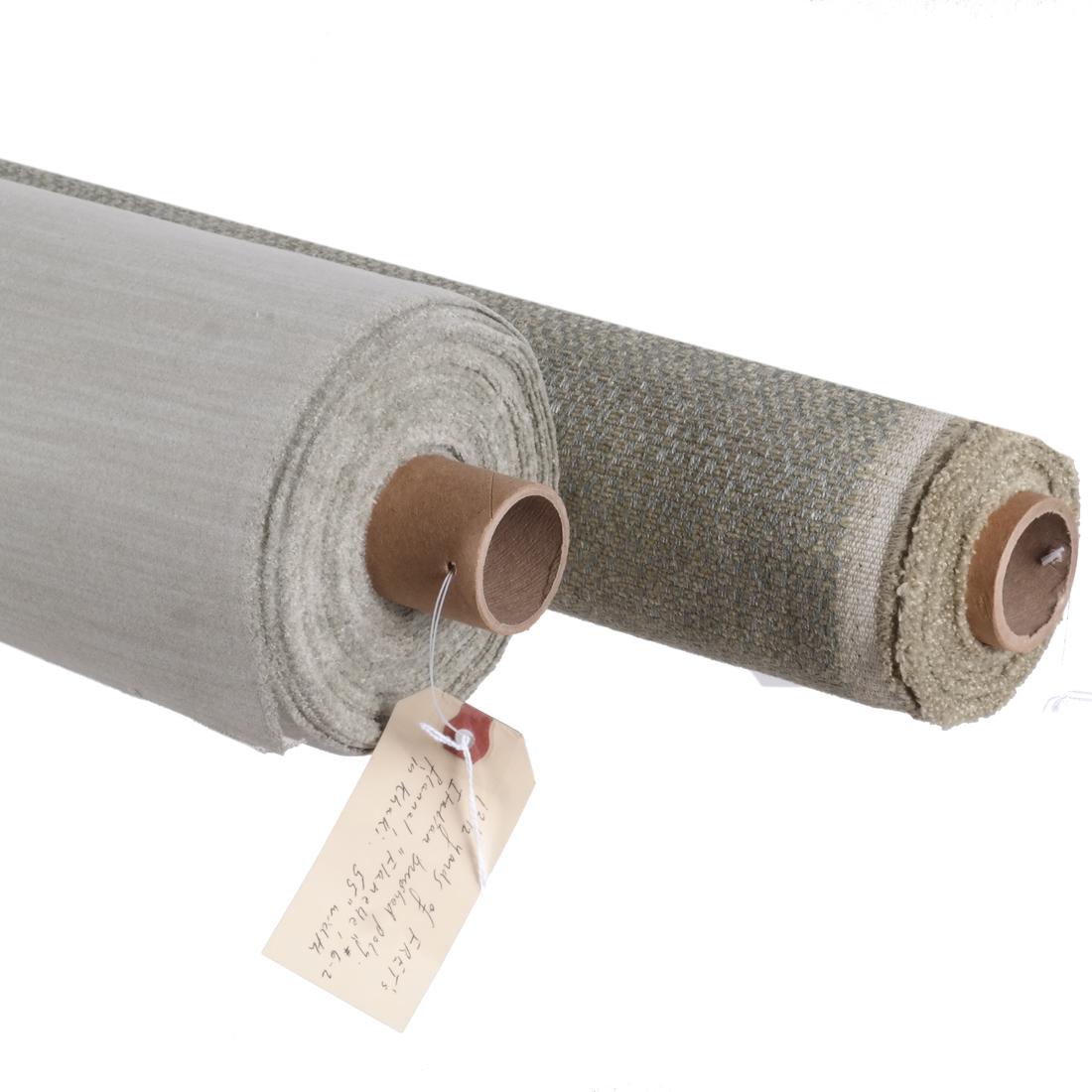 Fabric: Fret Fabrics, Kravet Decorative Fabrics: Two bolts of designer fabric comprising: 1.) 13 1/2 yards of Fret Fabric Italian brushed polyester flannel called "Flanelle," #6-2, color 'Khaki." 55 inch width. Subtle horizontal irregular strie effe