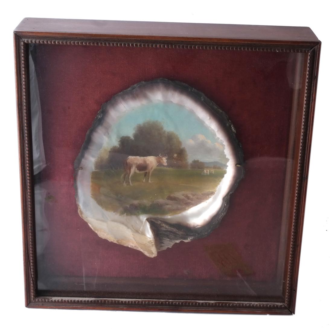 Painting on a Shell: Cow: Painting on a shell depicting a cow. Mounted in shadow box frame. [Art: 7 1/2 x 7 inches; Overall: 12 1/2 x 12 1/2 inches]. In good condition.
