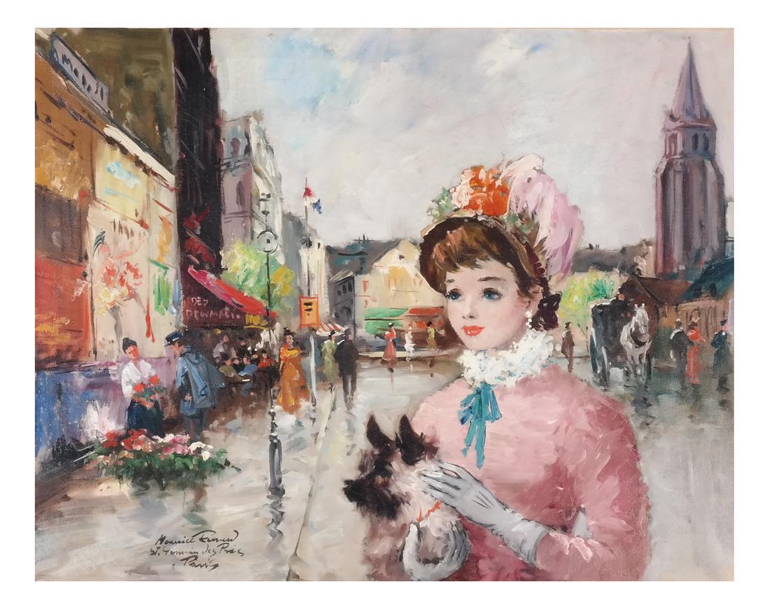 Maurice Renard: Portrait - Oil on Canvas: Framed oil on canvas. "St. Germain Les Paris." Signed lower left. [Art: 24 x 30 inches; Frame: 32 x 38 1/2 inches]. Craquelure, repair upper left.