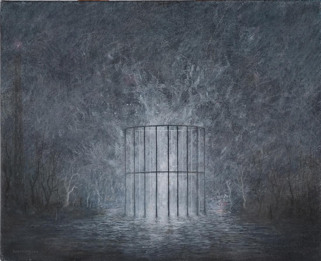 Theodore Svenningsen: "Tar-Night": Theodore Svenningsen unframed acrylic on canvas, "Tar-Night", of an object in a landscape, dated 1990. [13 x 16 inches].