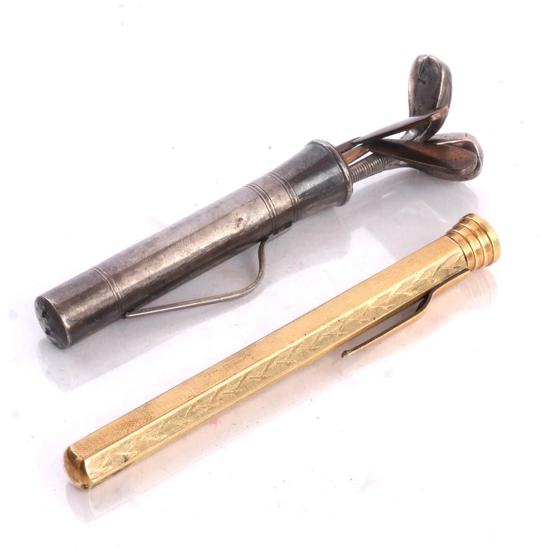 Two Men's Golf Related Items: Including a 5-piece manicure set and a 14k gold-plated thermometer holder.