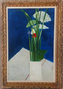 Rene GENIS: Still Life, Oil on Canvas: Rene Genis still life, oil on canvas. [Art: 34 x 22 inches; Frame: 44 x 31 inches].