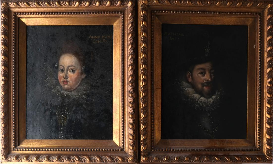 Pair of Antique Portraits, Oil on Canvas: Pair of portraits, one depicting a man, the other a woman. Oil on canvas. [Art: 10 x 7 1/2 inches; Frame: 13 1/2 x 11 1/2 inches]. Restored, relined. Craquelure.