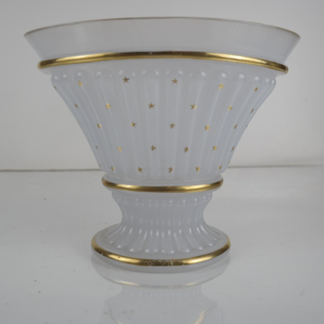 Opaline Glass Footed Vase/Bowl: Antique opaline glass footed oval vase/bowl, with fluted sides and base, decorated with gilt trim and hand-painted gold stars. [6 x 7 1/4 x 4 3/4 inches]. In good condition; small losses to gilt.