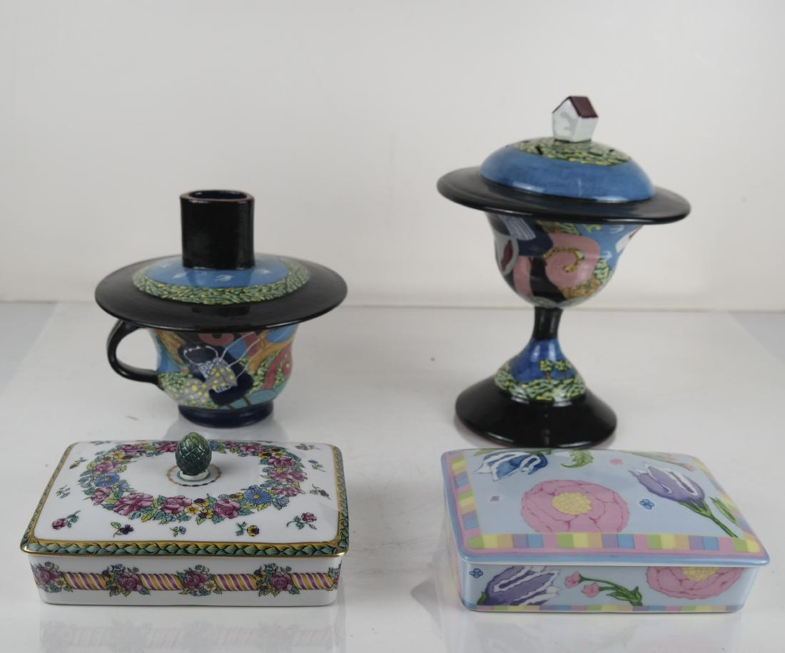 Four Ceramic Vessels/Boxes: Comprises two covered ceramic boxes [1 1/2 x 6 x 4 inches], a teacup-form vessel [6 inches H], and a wine cup-form vessel with cover. [9 x 6 inches].