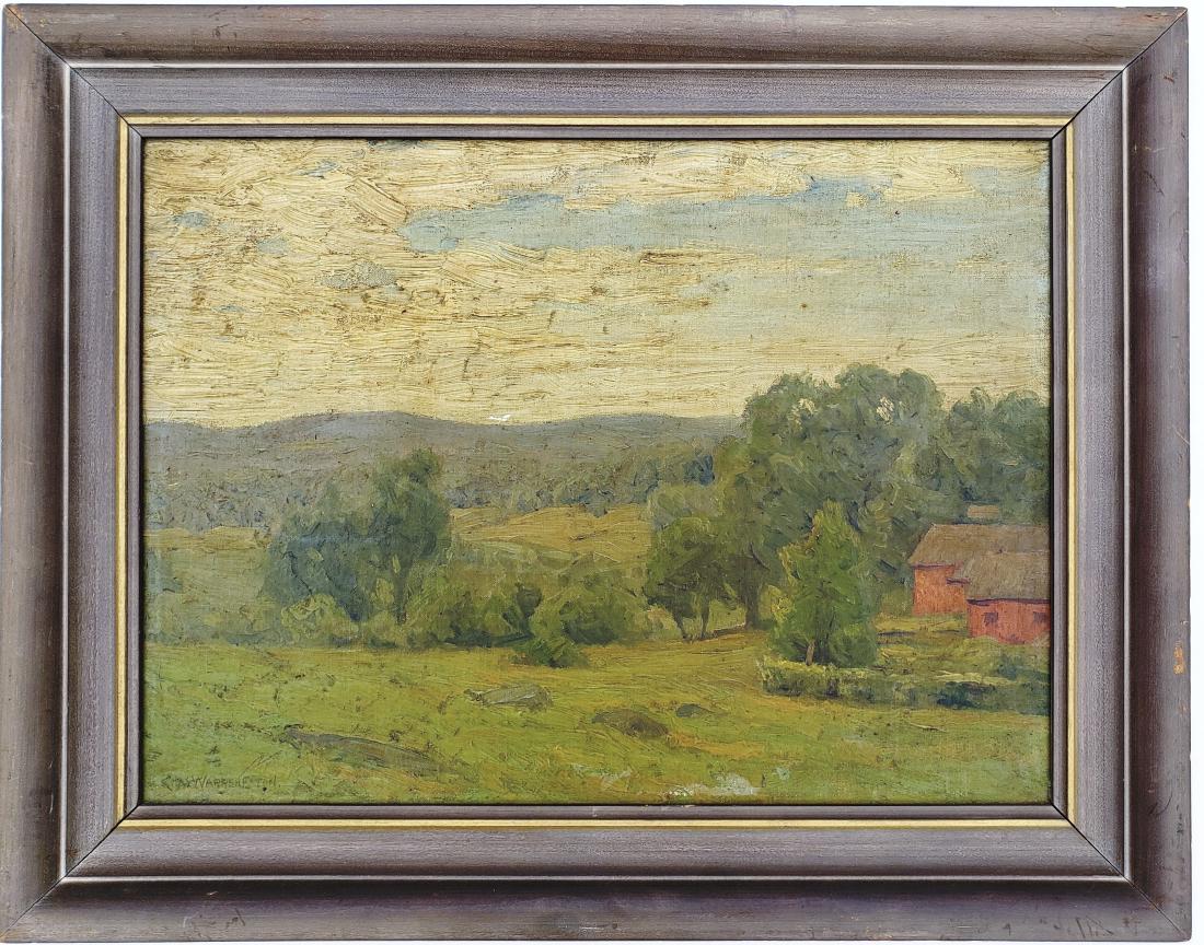 Chase Warren EATON: Antique Painting - Landscape: Oil painting on artist board depicting a landscape with cottage. Signed "Chase Warren Eaton." [Art: 15 1/2 x 11 1/2 inches; Frame: 20 x 15 1/4 inches]. In good condition.