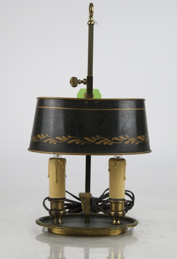 Small Bouillotte Table Lamp: [Lamp: 14 x 6 1/4 x 4 inches (without handle); Shade: 6 3/4 x 4 1/4 inches]. In good condition; shade with craquelure.