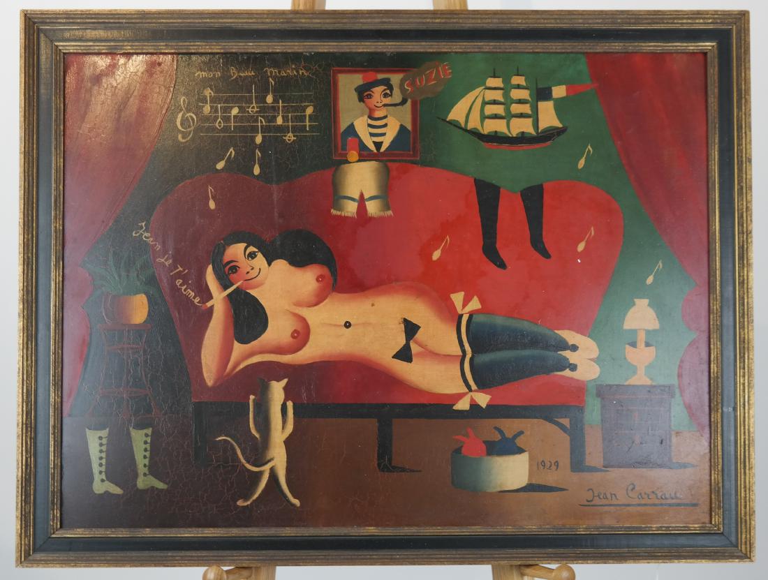 Jean CARRAU: Reclining Nude - O/C: Framed oil on canvas by Jean Carrau (French) of a nude woman reclining on a sofa. Signed "Jean Carrau / 1929" lower right. [Art: 22 x 30 inches; Frame: 25 x 33 inches]. In good condition; light soilin