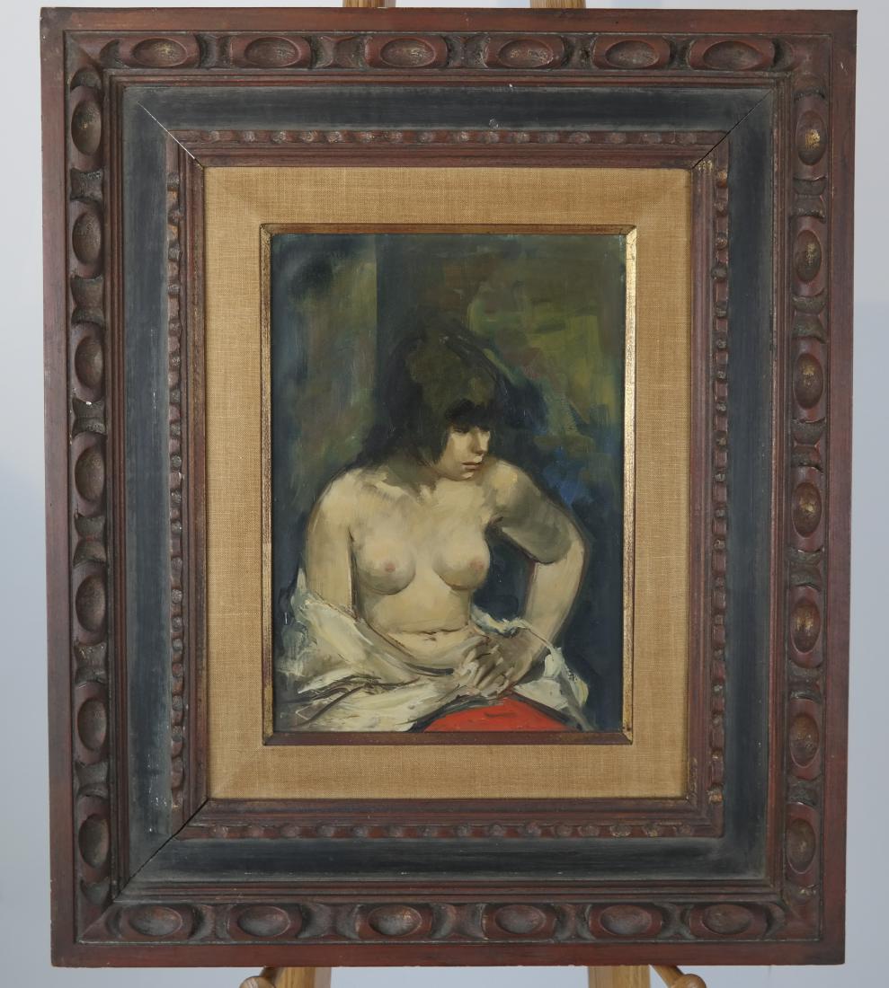 Jan DE RUTH: Nude Woman - O/C: Modernist-style oil on canvas portrait of a nude woman by Jan De Ruth (1922-1991). [Art: 14 x 10 inches; Frame: 25 1/2 x 21 1/8 inches]. In good condition as with age.