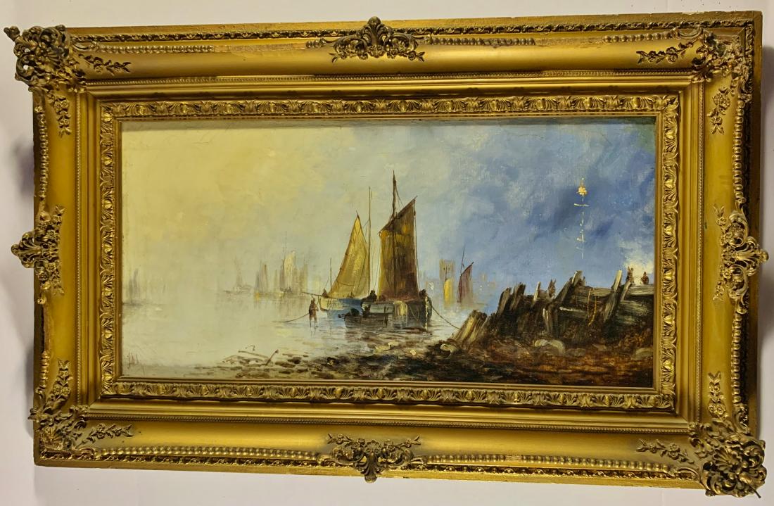 19th C. Seascape Oil Painting of Boats & Shore (1 of 11)