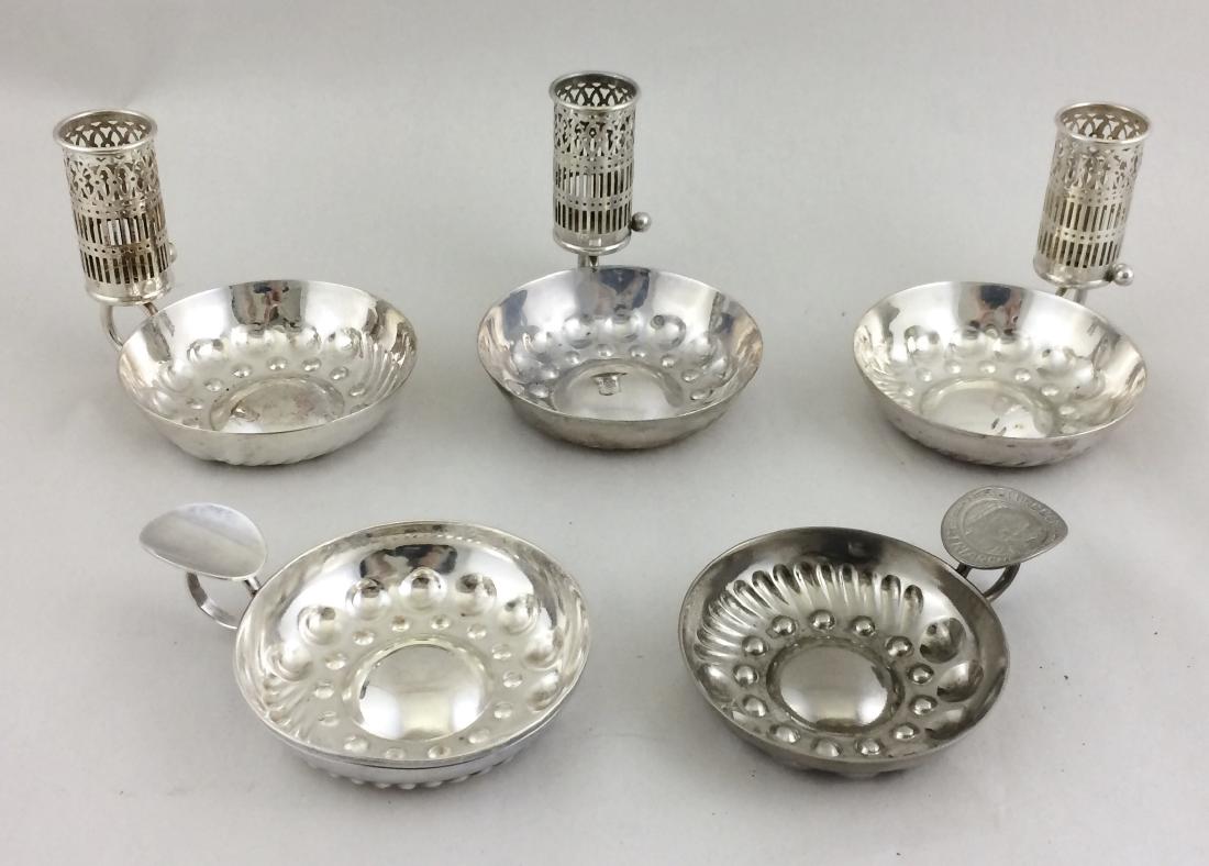 Lot of 5: English Silver-Plated Wine Tasters: Lot of 5 English silver-plated wine tasters. [3 1/2 to 4 (dia) inches]. In good condition.