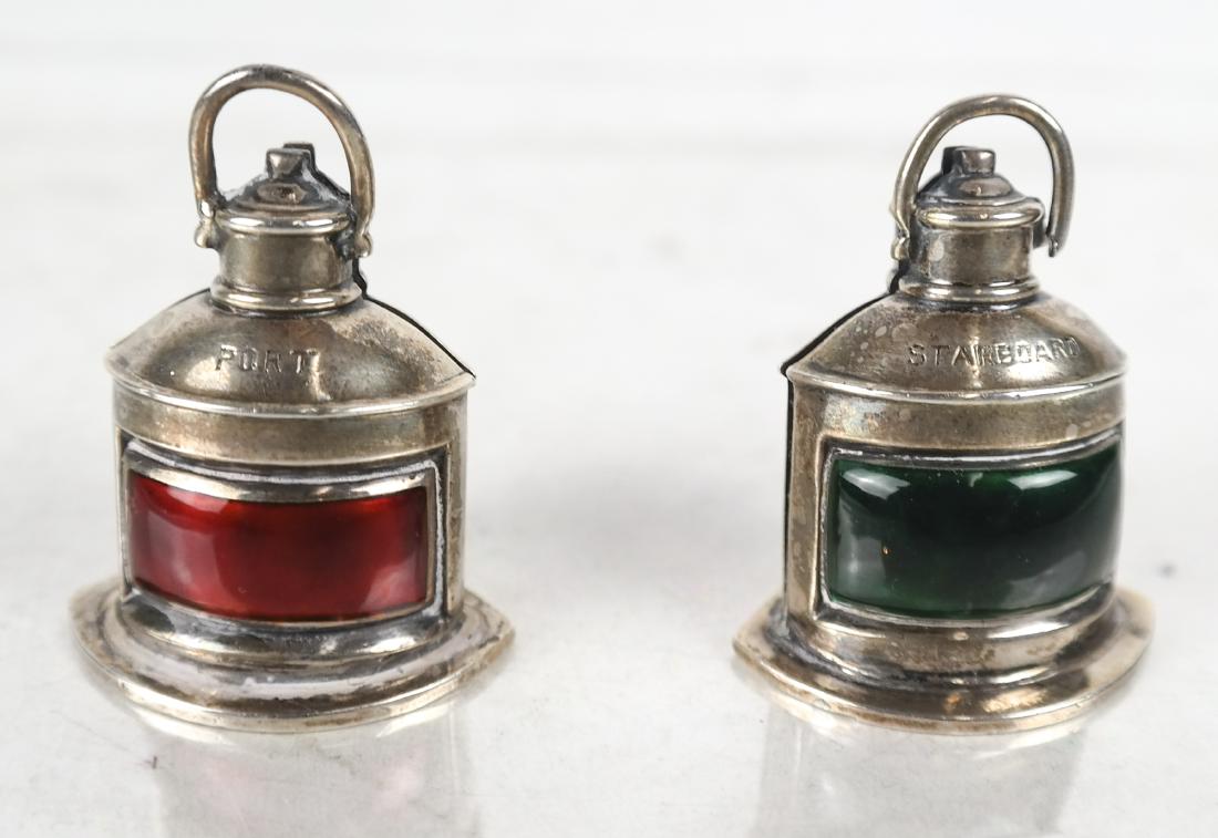 Pair English Sheffield Lantern-Form Place Card Holders: Pair of English Sheffield lantern-form place card holders, stamped "Port" and "Starboard," initialed 'JWB.' 1.8 ozt. In good condition.