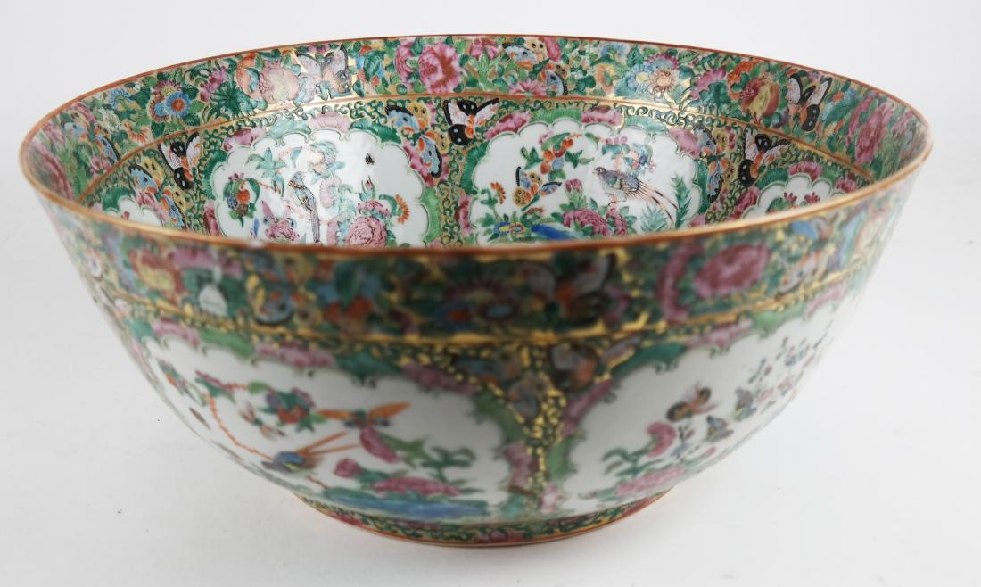 Chinese Rose Medallion Porcelain Bowl: Deep, large decorated bowl. [6 x 14 (dia) inches]. Chip outer side right.